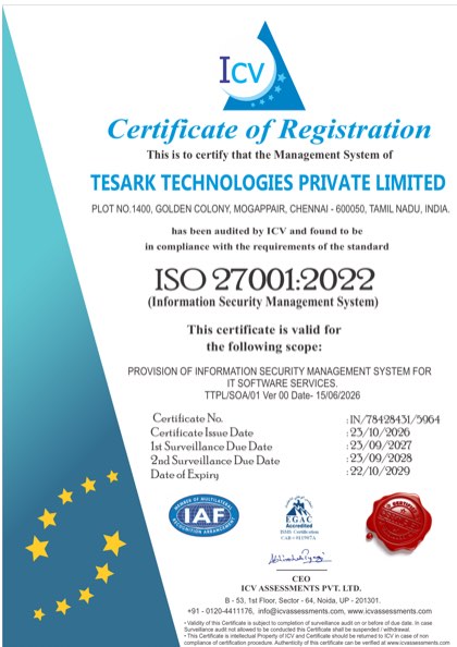 ISO 27001:2022 certificate issued to TESARK Technologies Private Limited