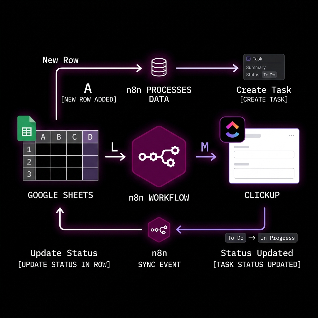 Two-way sync architecture: Google Sheets and ClickUp connected via n8n